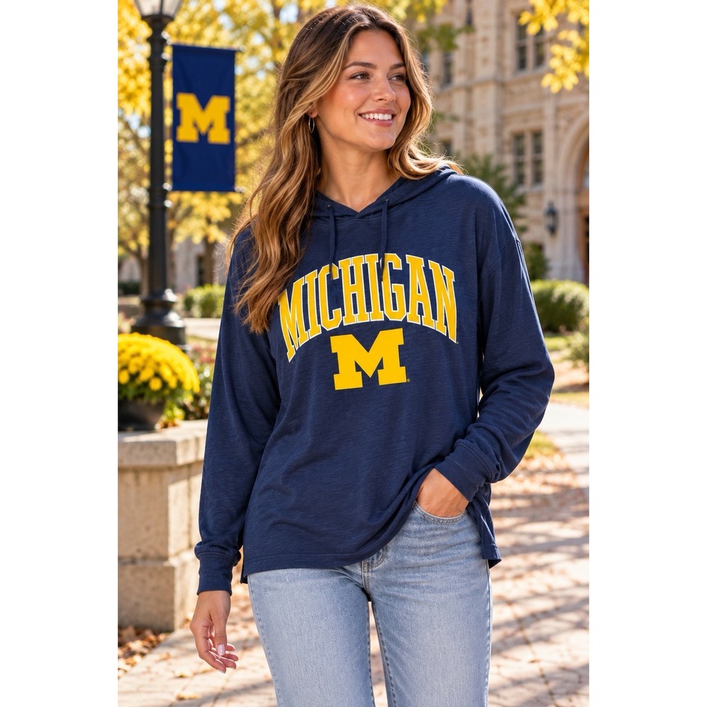 Michigan Wolverines Pressbox Women 2XL Navy Hooded Long Sleeve Shirt NWT